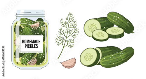 Illustration of pickled cucumbers in a jar with sprigs of dill garlic and sliced pickles on transparent background silhouette high quality