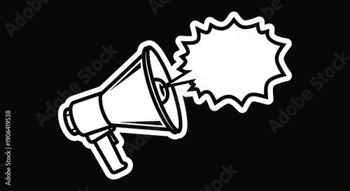 A white outline of a megaphone emitting a starburst shape ideal for announcements on transparent background silhouette high quality professional detailed
