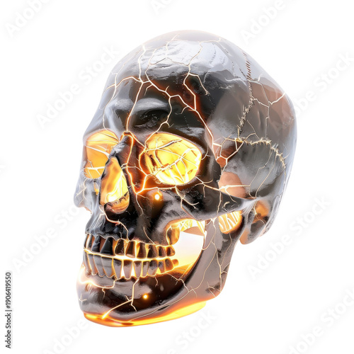 A glowing skull with intricate lightning patterns illuminated against a dark background