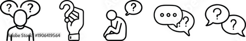 Outline icons symbolizing confusion, doubt, and searching for answers with question marks and human figures. transparent background