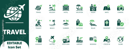 Travel editable solid icon set.ticket,map,globe,compass,navigation,money,camera,set,hotel,transportation,illustration,and vector.