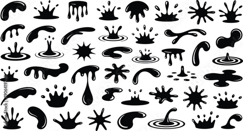 Collection of black splatter and splash graphics on white background.