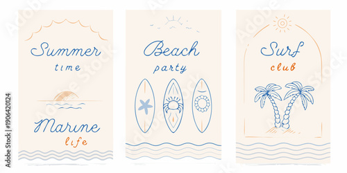 Summer themed illustrations with surfboards palm trees and marine life designs