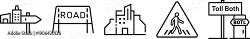Road and city icons: directions, buildings, 'road' sign, pedestrian crossing, and toll booth sign. transparent background