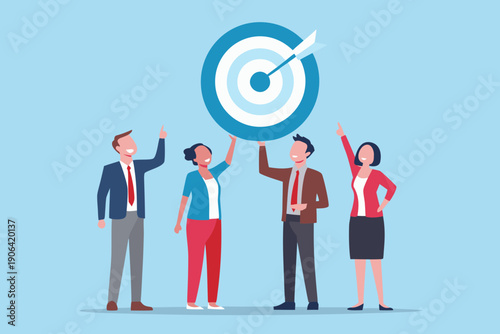 Teamwork and success celebrating achievement with a dart hitting the bullseye