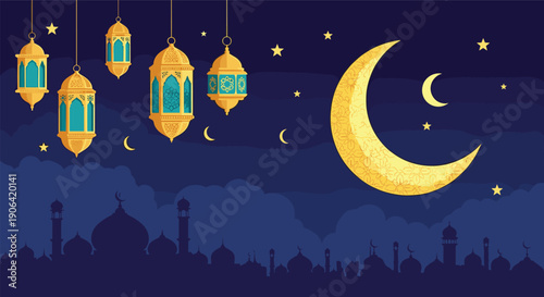 Vector illustration of hanging colorful lanterns and golden crescent moon, Ramadan Kareem night background, mosque skyline silhouette, Eid Mubarak.