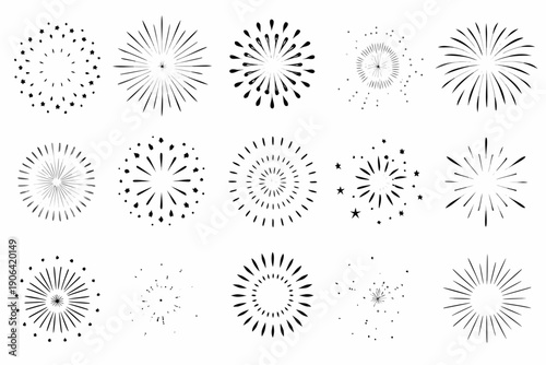 Collection of various firework burst designs in black and white