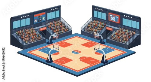 Isometric illustration of a basketball arena with cheering crowds two hoops and a court on transparent background silhouette high quality professional