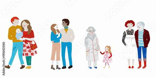 Diverse group of people including families and individuals depicted in illustration