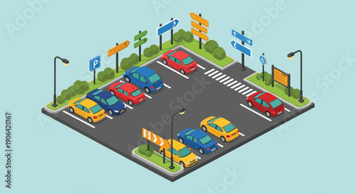 Isometric illustration of a parking lot with multiple cars and direction signs on transparent background silhouette high quality professional detailed modern