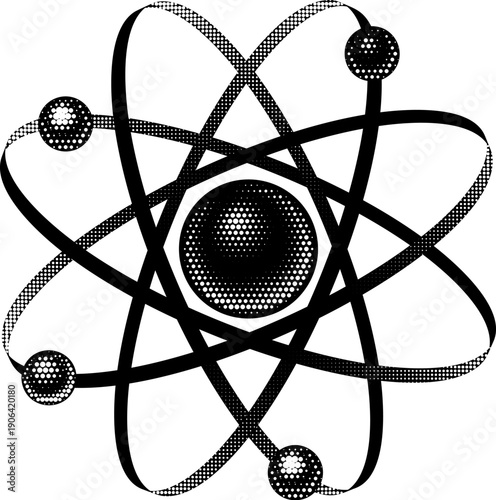 Retro vintage halftone science illustration of an atomic model of atom with orbiting electrons. Nuclear physics education or research energy concept.