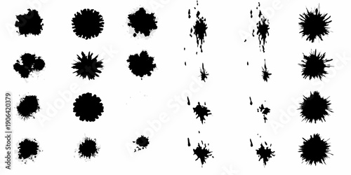 Abstract black ink blots and splatters on a white background