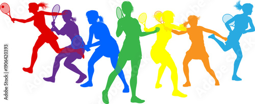 Silhouette tennis women female players set. Active sports people healthy players fitness silhouettes concept.