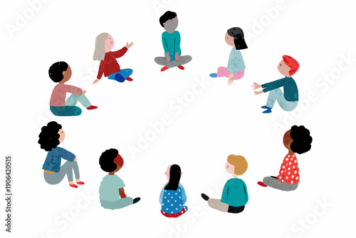 Diverse group of children sitting in a circle interacting playfully