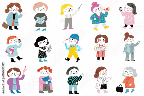 Diverse group of illustrated women engaging in various activities and professions