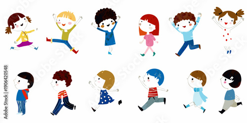 Diverse group of cartoon children jumping and running playfully