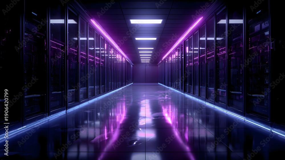 Fototapeta premium Futuristic Server Room with Neon Lights and Data Racks.