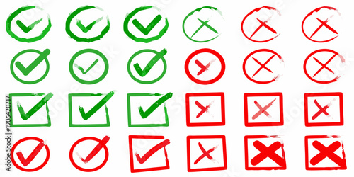 Collection of hand drawn check and x marks in green and red colors