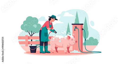 Farmer Washing a Pig on a Farm.