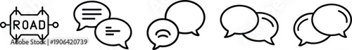 Road sign and communication icons: traffic information, dialogue bubbles, and road boundary. transparent background