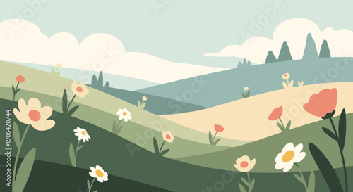 Colorful flowers in a meadow landscape.