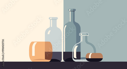 Bottles and Flask on Dark Surface.