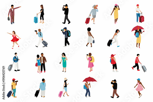 Diverse group of minimalist people with luggage and accessories