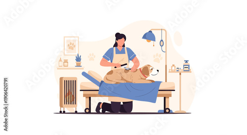 Groomer Brushing Dog Fur on Table in Veterinary Clinic.