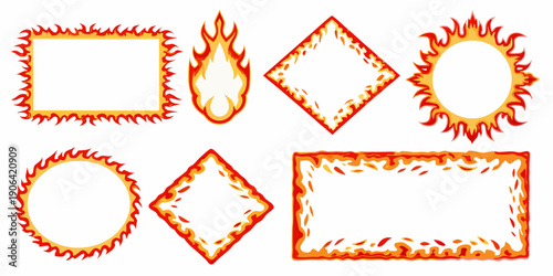 Fiery geometric shapes flames surrounding squares circles and diamonds