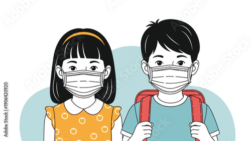 Young girl and boy wear protective medical face masks and carry school backpacks against a soft blue background for safety.
