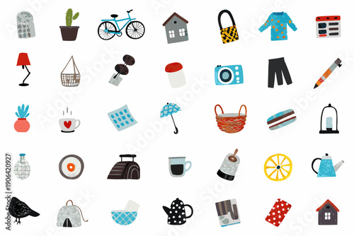 Collection of colorful flat design icons representing everyday objects