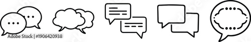 Collection of chat bubble icons depicting conversations, messages, and communication in outline style. transparent background