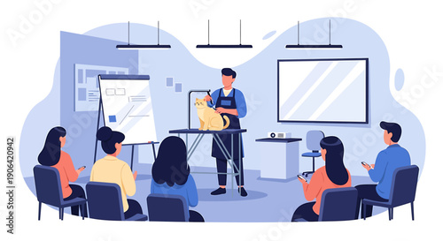 Man teaching grooming class to students in a classroom setting.