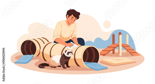 Man playing with ferrets in a tunnel playground.