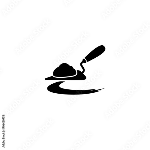 A realistic black and white silhouette of a plastering trowel spreading cement or mortar. Captures the functionality of masonry work, perfect for construction, flooring, and renovation branding
