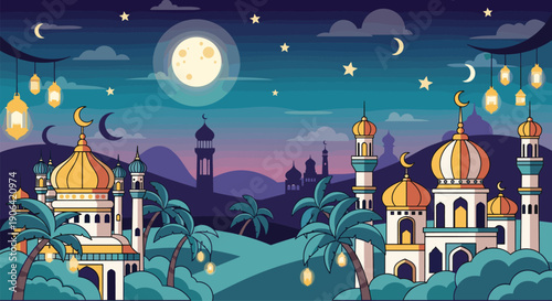 Vector illustration of colorful geometric mosaic crescent moon, Ramadan Mubarak calligraphy, star decoration, modern Islamic pattern, white background, greeting card.