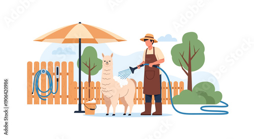 Man Washing a Llama with a Hose Outdoors.