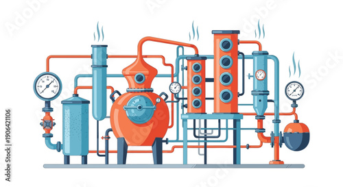 Detailed illustration of industrial distillery equipment with pipes gauges and a boiler on transparent background silhouette high quality professional detailed modern