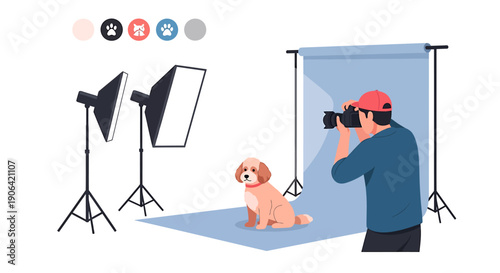 Photographer taking picture of cute dog in studio setup.