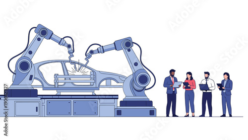 Industrial robotic arms weld a car frame while a team of diverse engineers and managers monitor the production process.