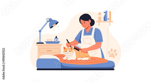 Professional groomer carefully trimming a small cat.