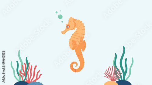 Bright orange seahorse swims gracefully among green and red coral reefs on the ocean floor under soft light blue water.