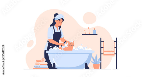 Woman bathing a baby in a bathtub with bubbles.