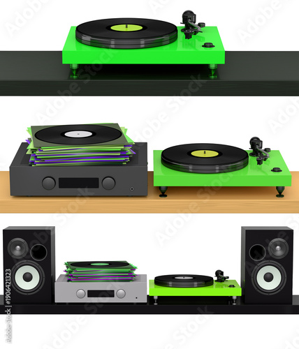 Photos Stylish turntables with vinyl records, stereo receiver, speakers on shelf, minim
