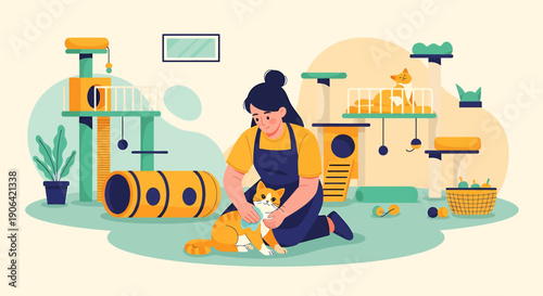Woman caring for a cat in a pet grooming salon.