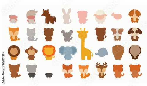 Big cute cartoon animal vector set with friendly wildlife farm and pet characters isolated on white background
