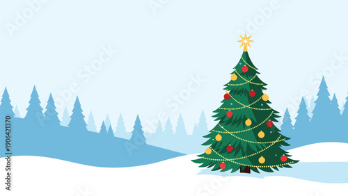 Tall green Christmas tree decorated with red and yellow ornaments and a gold star stands in a quiet snowy forest landscape.