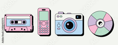 Pastel retro tech pack illustration with cassette, flip phone, camera, and CD on white background
