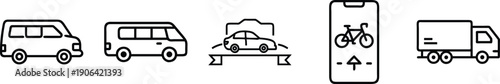Set of five transport icons including vans, car with banner, smartphone navigation, and delivery truck transparent background