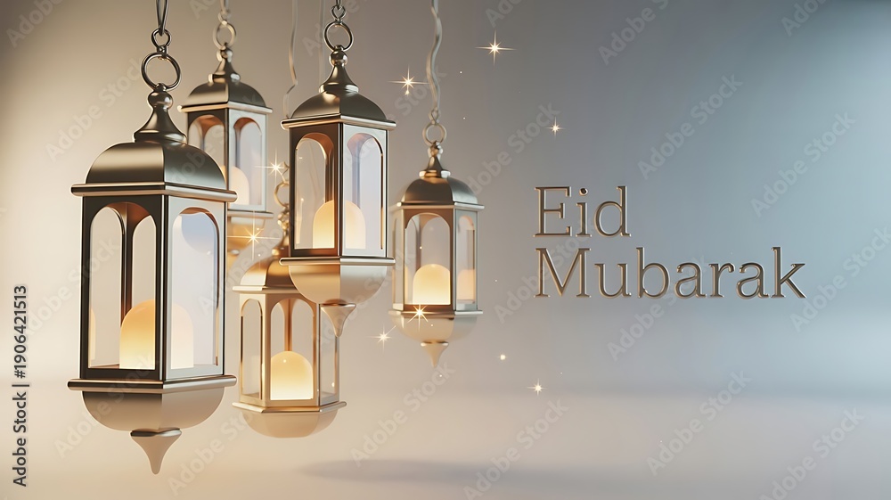 Obraz premium Elegant Eid Mubarak celebration background with hanging lantern lights in modern minimal Islamic festive style